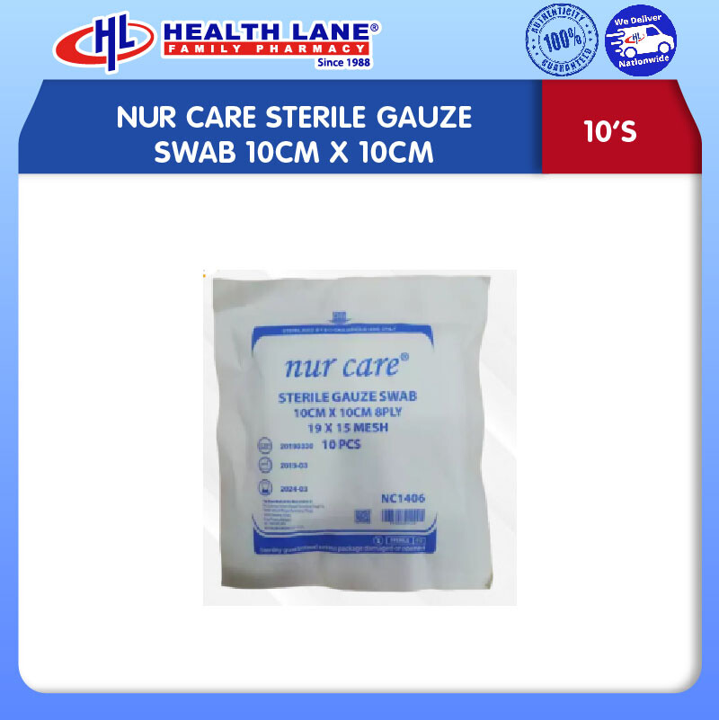 NUR CARE STERILE GAUZE SWAB 10CMx10CM 10'S